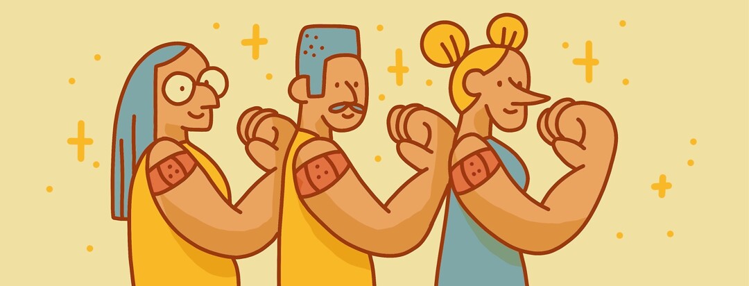 A mother, father and adult daughter with bandaids on their arms
