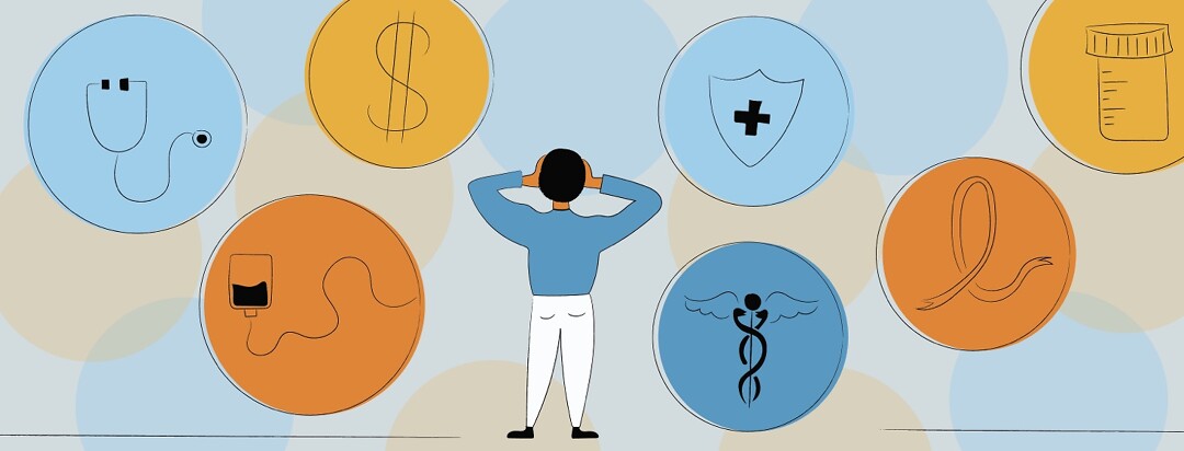 Overwhelmed man looking at circles containing health insurance symbols, medicine, a dollar sign, a stethoscope, and a cancer ribbon
