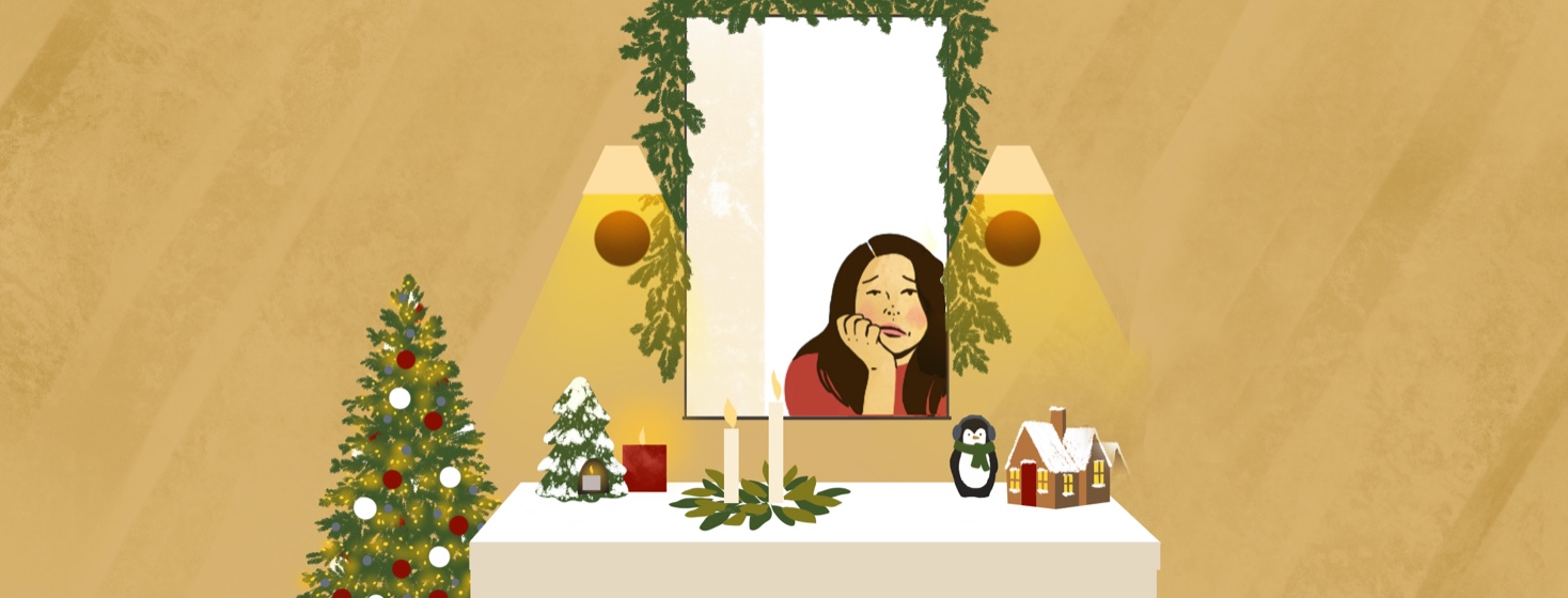Woman looks in a holiday decorated mirror with a sad expression
