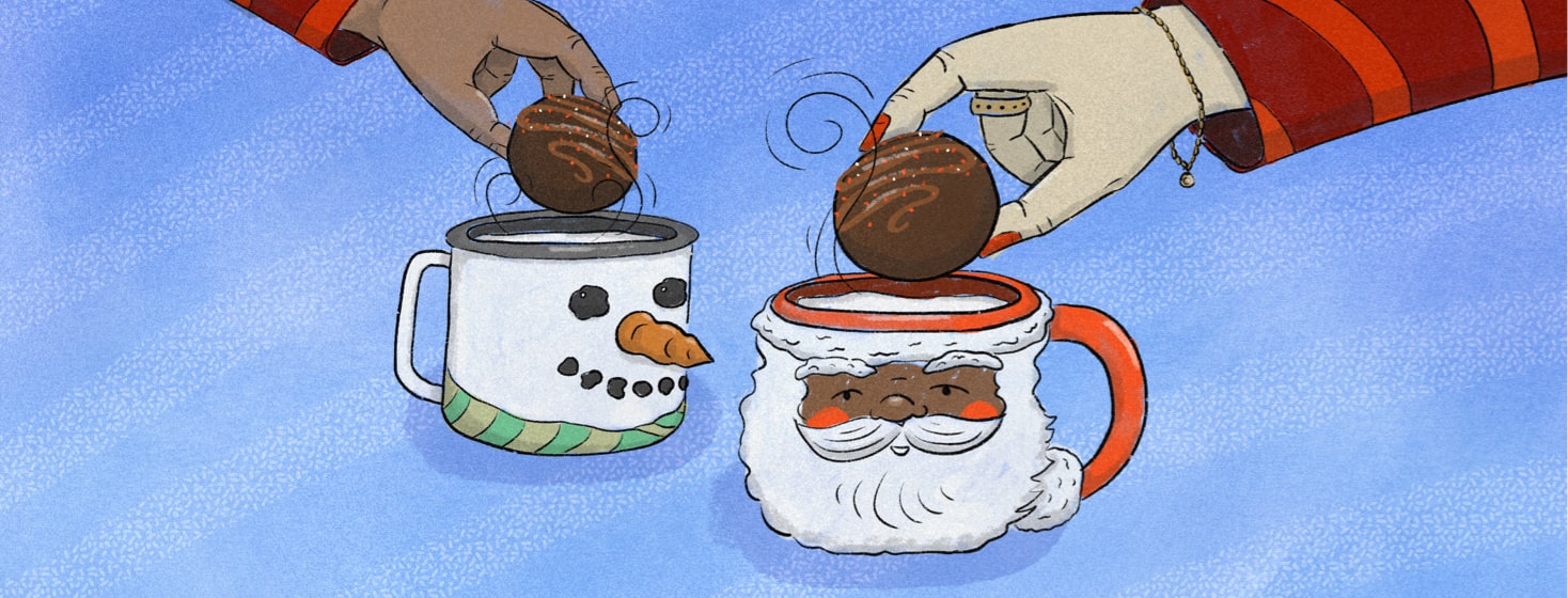 Two people dropping hot chocolate bombs into a Santa mug and a snowman mug