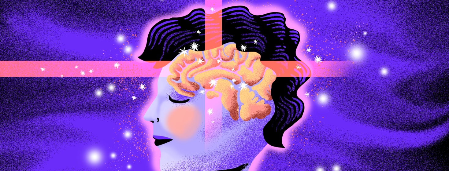A woman with stars and lasers around her brain