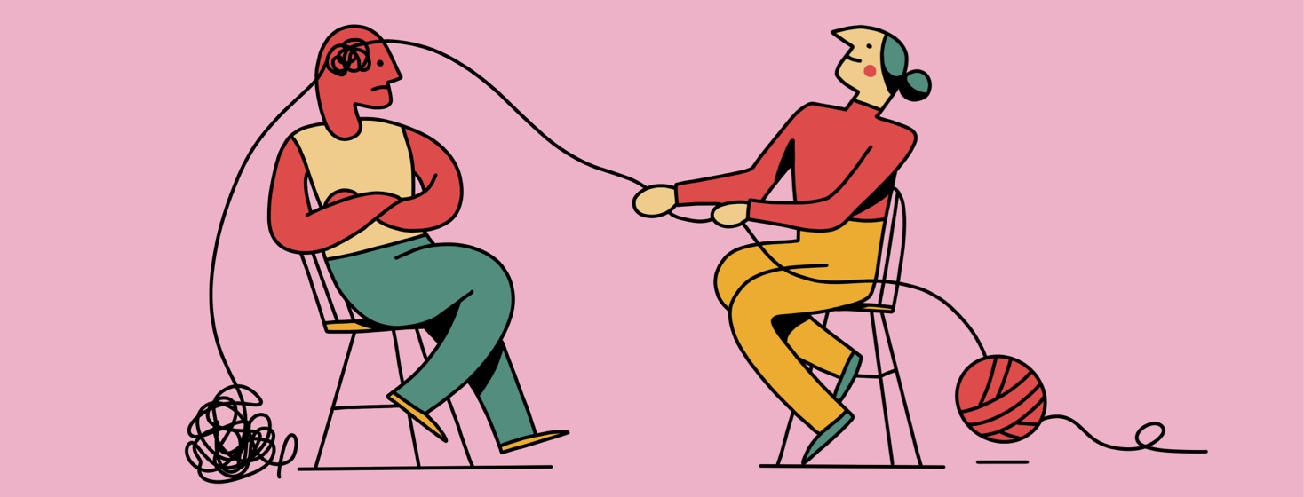 A therapist unwinds a tangled string from a patient's mind