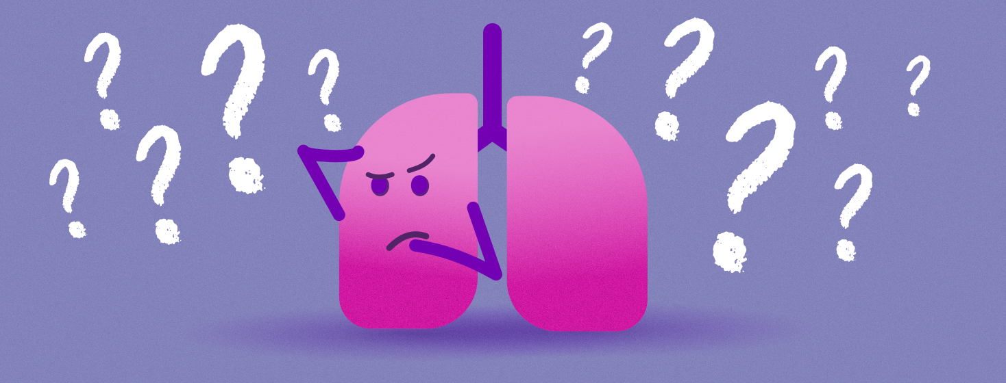 A pair of lungs with a confused face surrounded by question marks