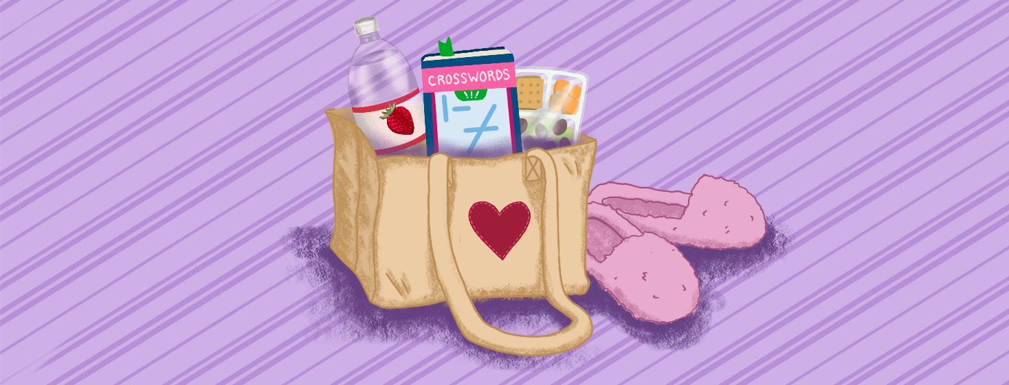A pair of slippers and a canvas bag filled with flavored water, a crossword puzzle, and a package of snacks.