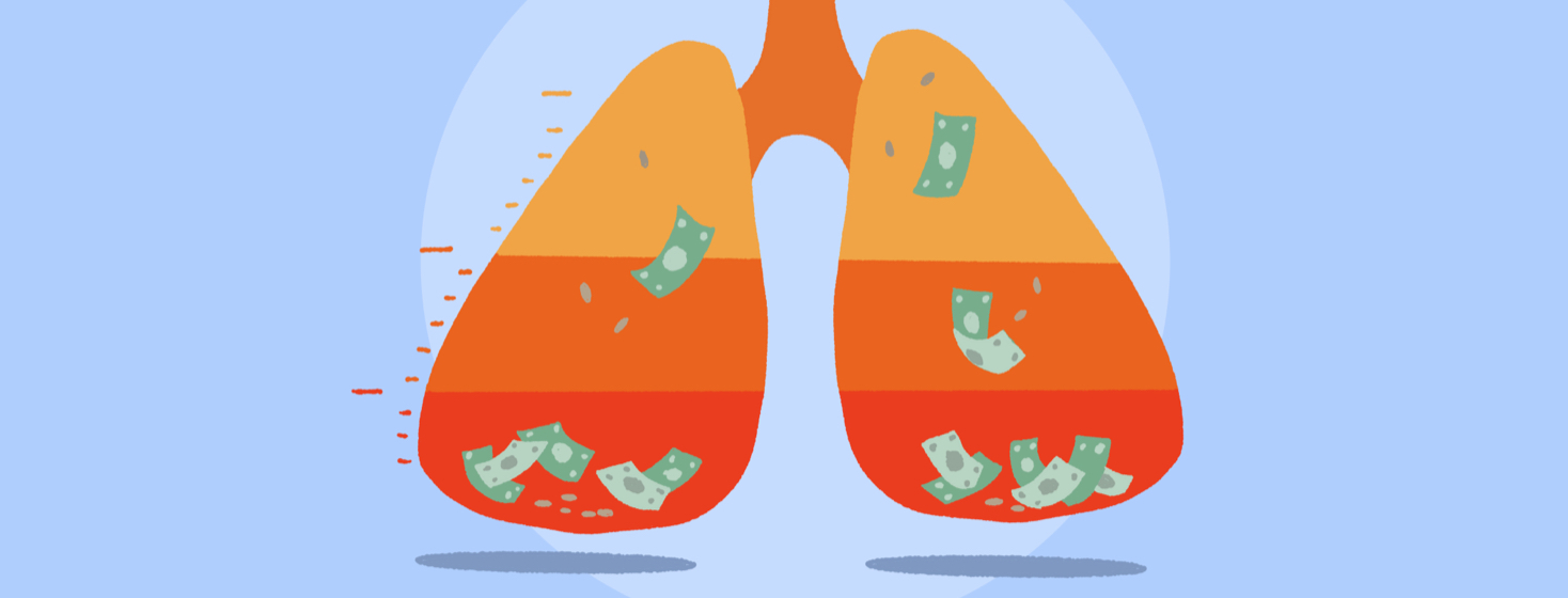 A pair of lungs with a few dollar bills and coins in the bottom