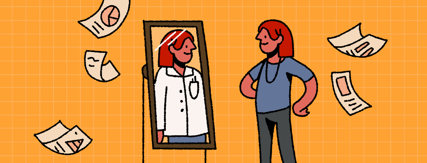 A woman looks at her reflection in a mirror who wears a lab coat