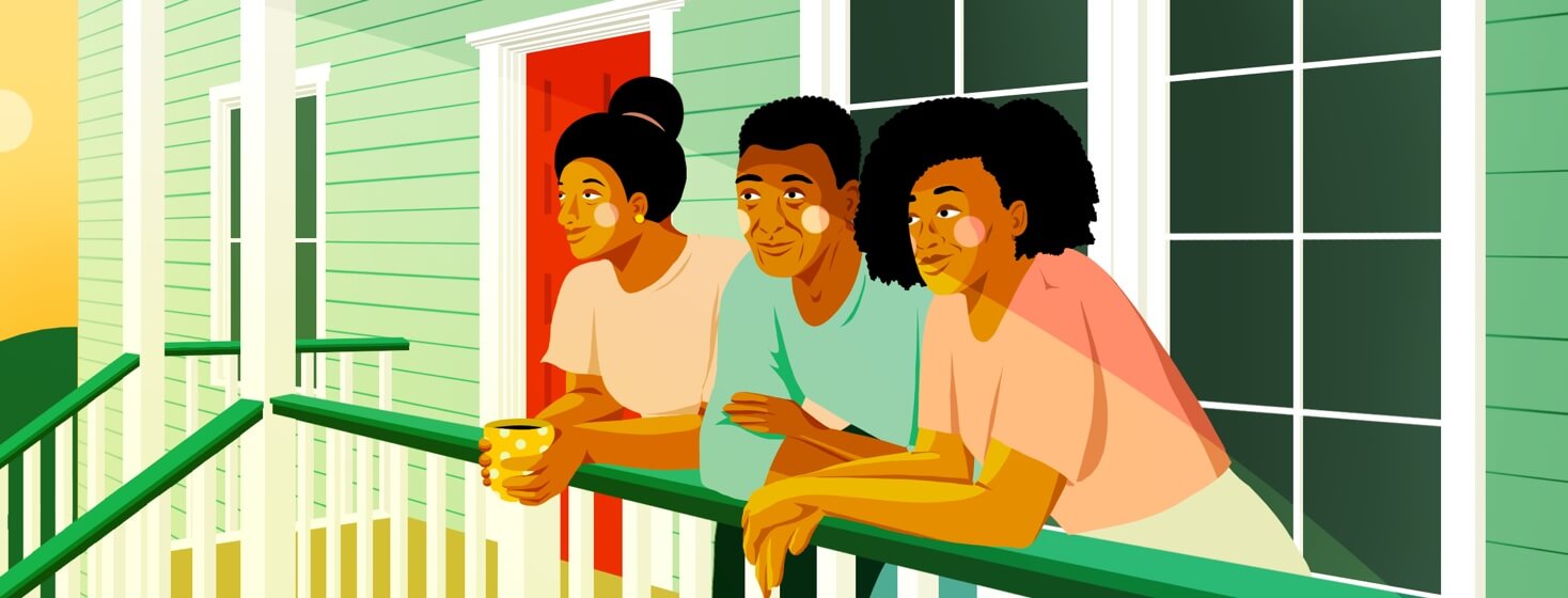 A family leans on a porch railing, looking out from their house to the sunrise.
