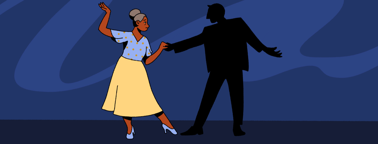 A pair of people dancing, one is an ominous silhouette