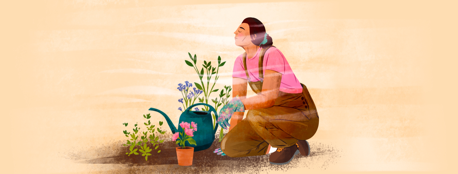 A woman caring for potted plants in the sun