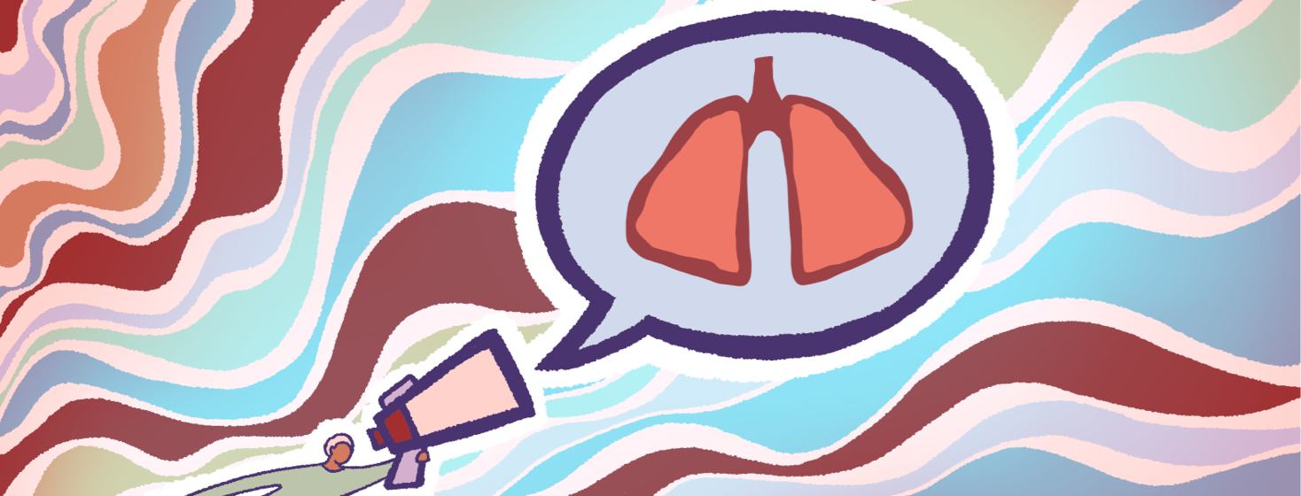 A speech bubble containing lungs coming out of a megaphone