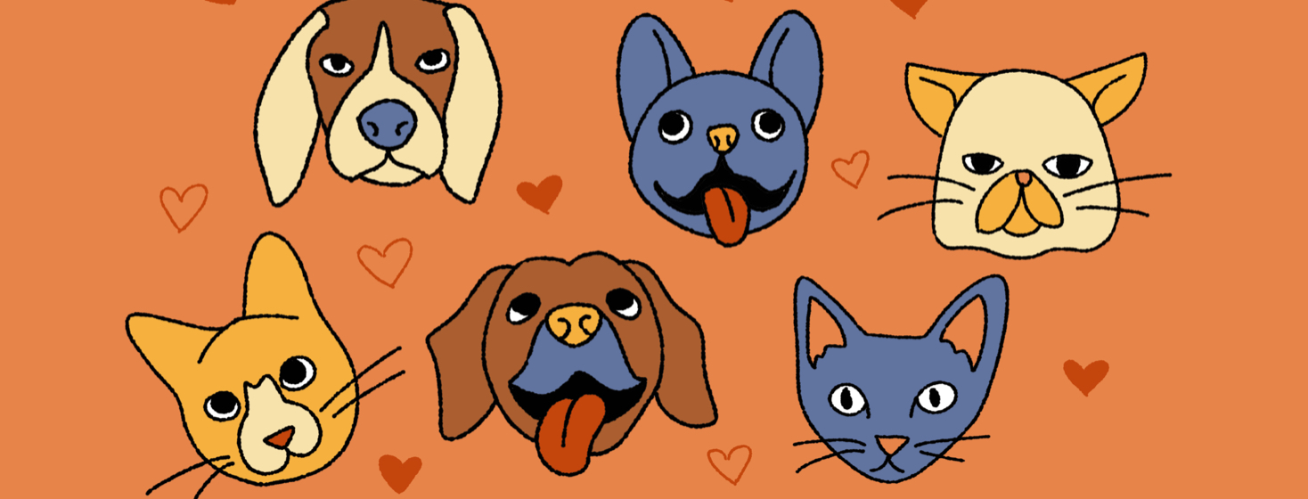 A group of cat and dog faces surrounded by hearts,