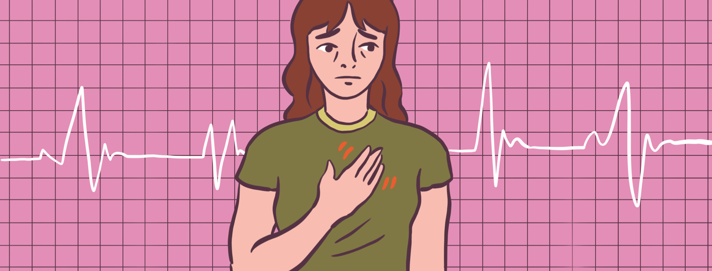 A woman holding her chest and looking nervous with a cardiogram line behind her