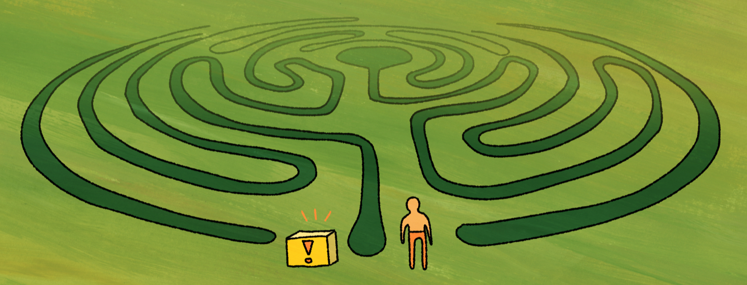 A person standing in the entrance to a labyrinth with their goal close by
