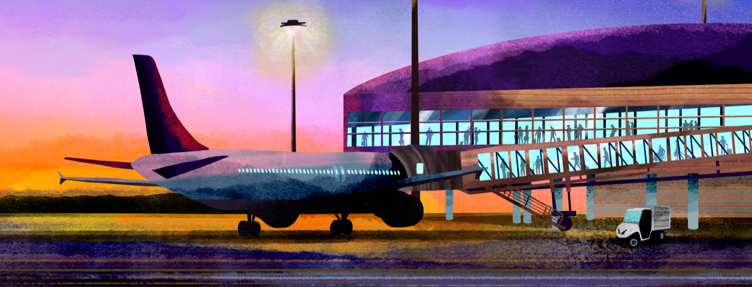 An international airport at sunset