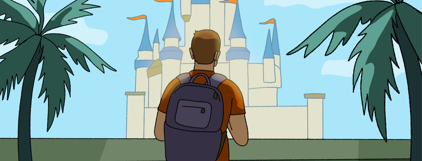 A man wearing a backpack stands in front of the magic castle at disney