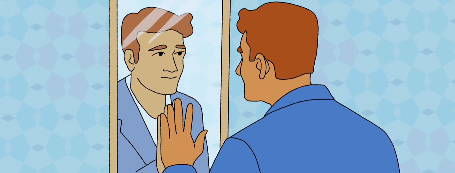 A man reaching out to touch his reflection in the mirror