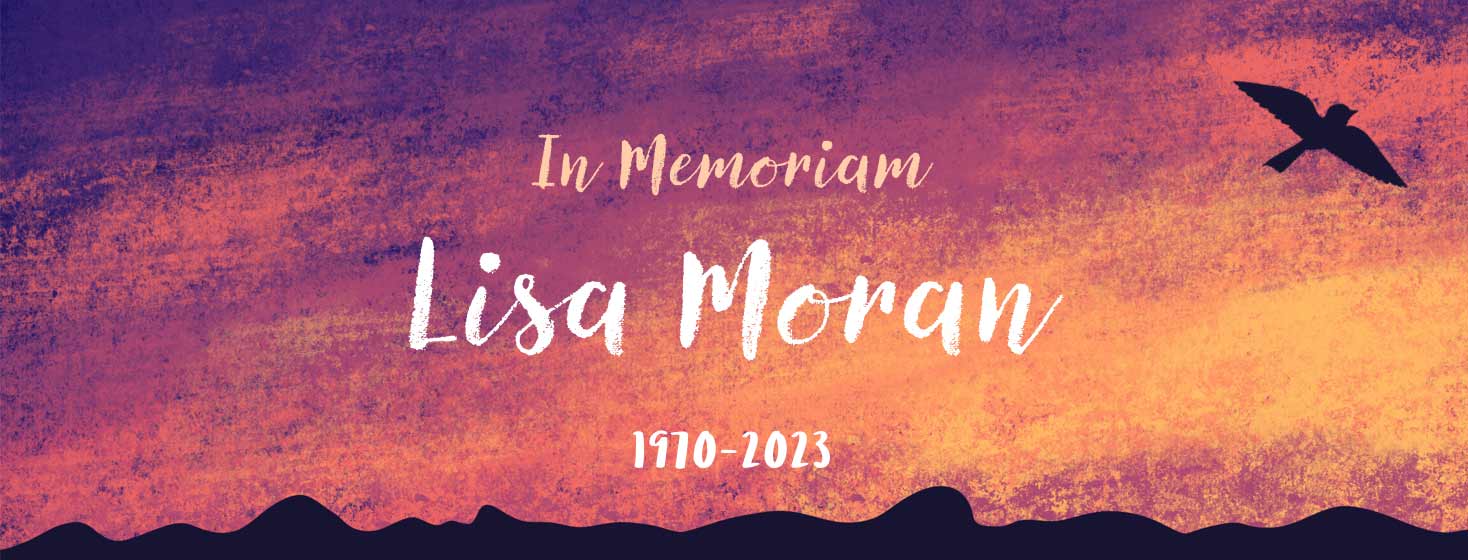 In memory image of sunset behind mountains, the text reads: in Memoriam Lisa Moran 1970-2023
