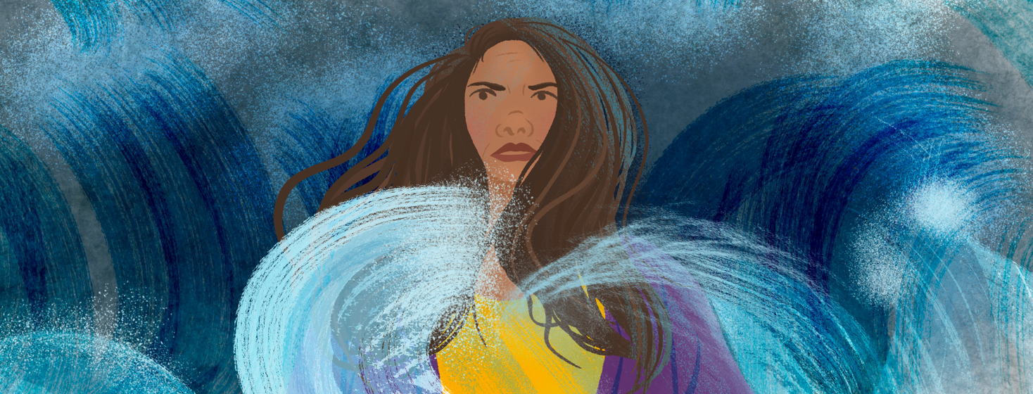 Latina woman stands determined, powerful amid crashing oceanic waves