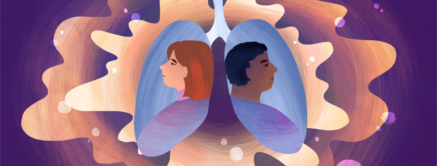 Inside the silhouette of a pair of lungs, two people look up at the sky with sad and hopeful expressions.