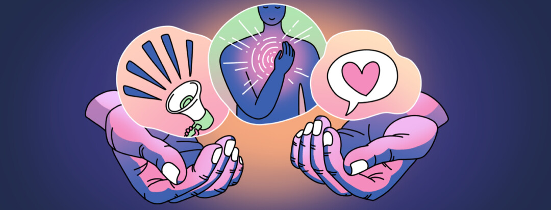 Two hands hold three bubbles that show a hand holding a megaphone, a person placing their hand over their chest with a peaceful expression, and a speech bubble with a heart.