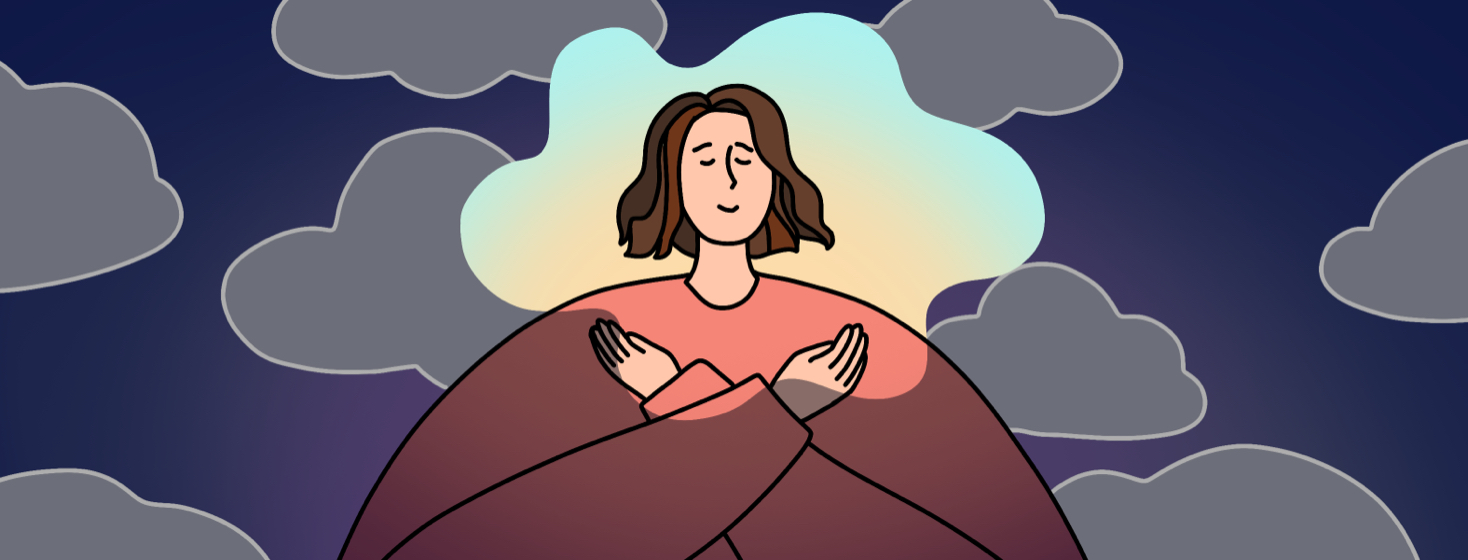 A woman's peaceful expression is surrounded by a glowing shape that brightens the darkness around her.