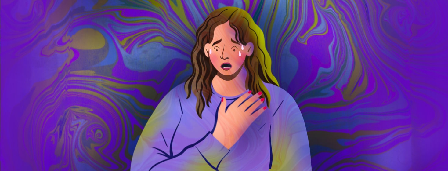 A woman sweating and delirious with fear.