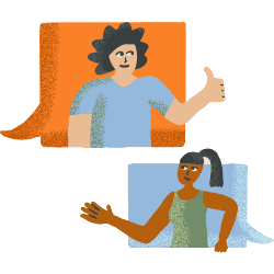 Two people in speech bubbles waving and giving a thumbs up.