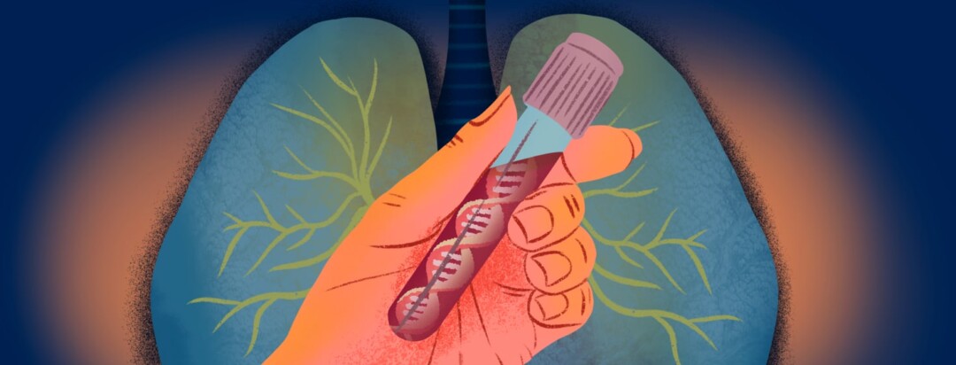 A hand holds a test tube of liquid containing a DNA helix in front of a pair of lungs.