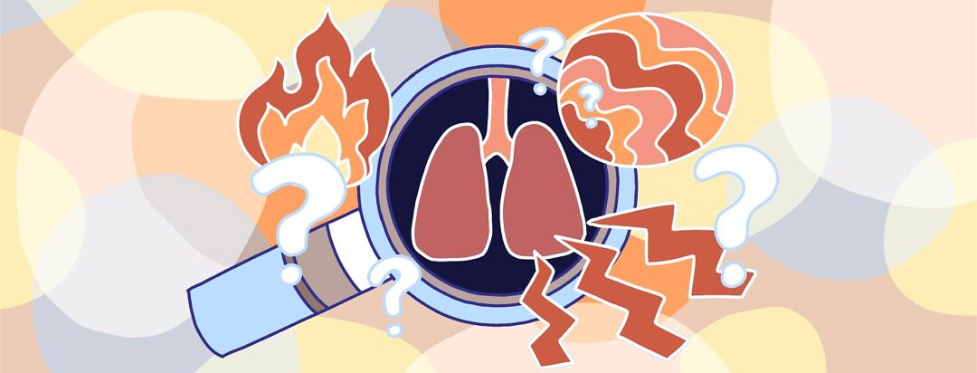 A magnifying glass shows a pair of lungs with flames and jagged lines representing pain and inflammation.