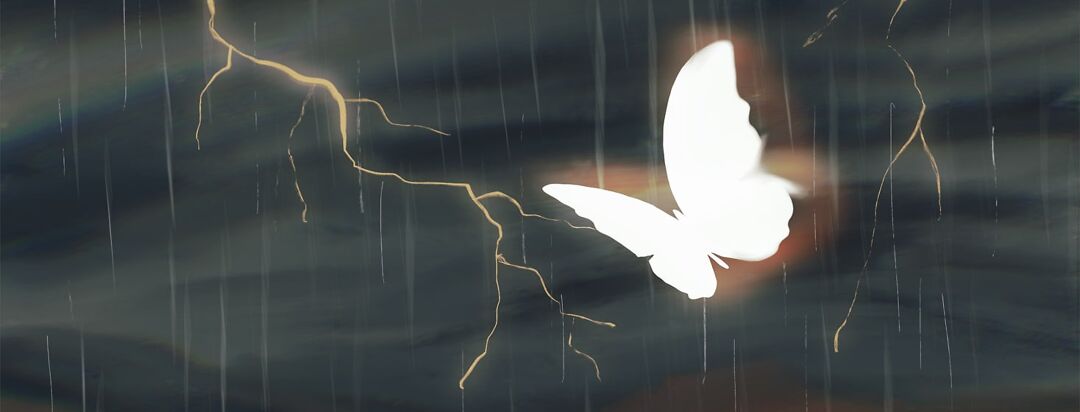 A glowing butterfly flying through a thunderstorm.