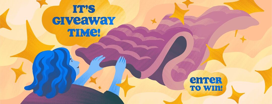 A person holds a floating blanket with the words "It's Giveaway Time!"