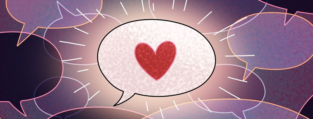 A bright speech bubble with a heart glows brightly against a sea of speech bubbles in the darkness.