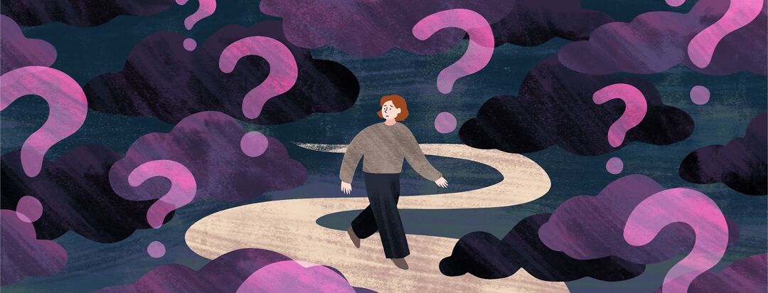 A woman with a worried expression walks down a path surrounded by dark clouds and floating question marks.