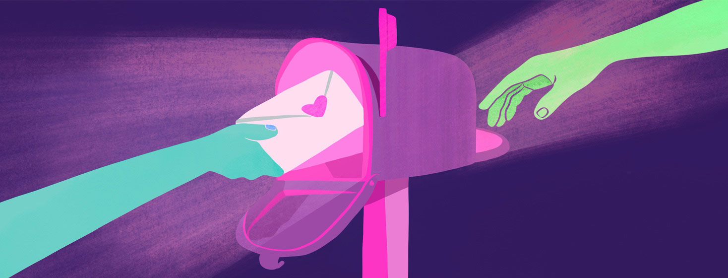 A hand places a letter into a mailbox with its red flag raised, while another hand retrieves it from the back, symbolizing the exchange of heartfelt mail.