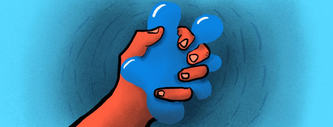 A red hand squeezing a blue, vaguely hand-shaped blob. Water ripples in the background behind it.