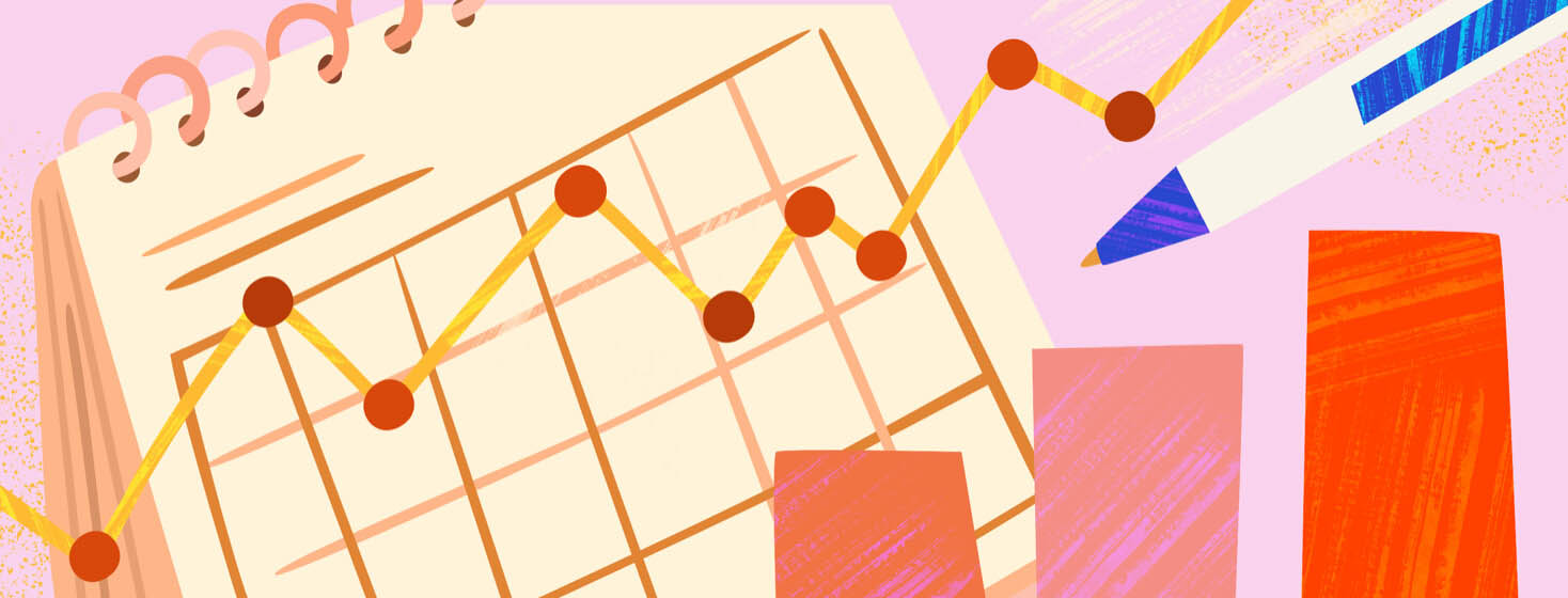 Illustration of a data chart and calendar with a pen, symbolizing medical symptom tracking and data collection