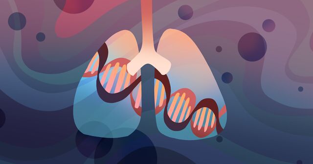 A silhouette of lungs with a strand of DNA inside, surrounded by dark waves and round shapes.